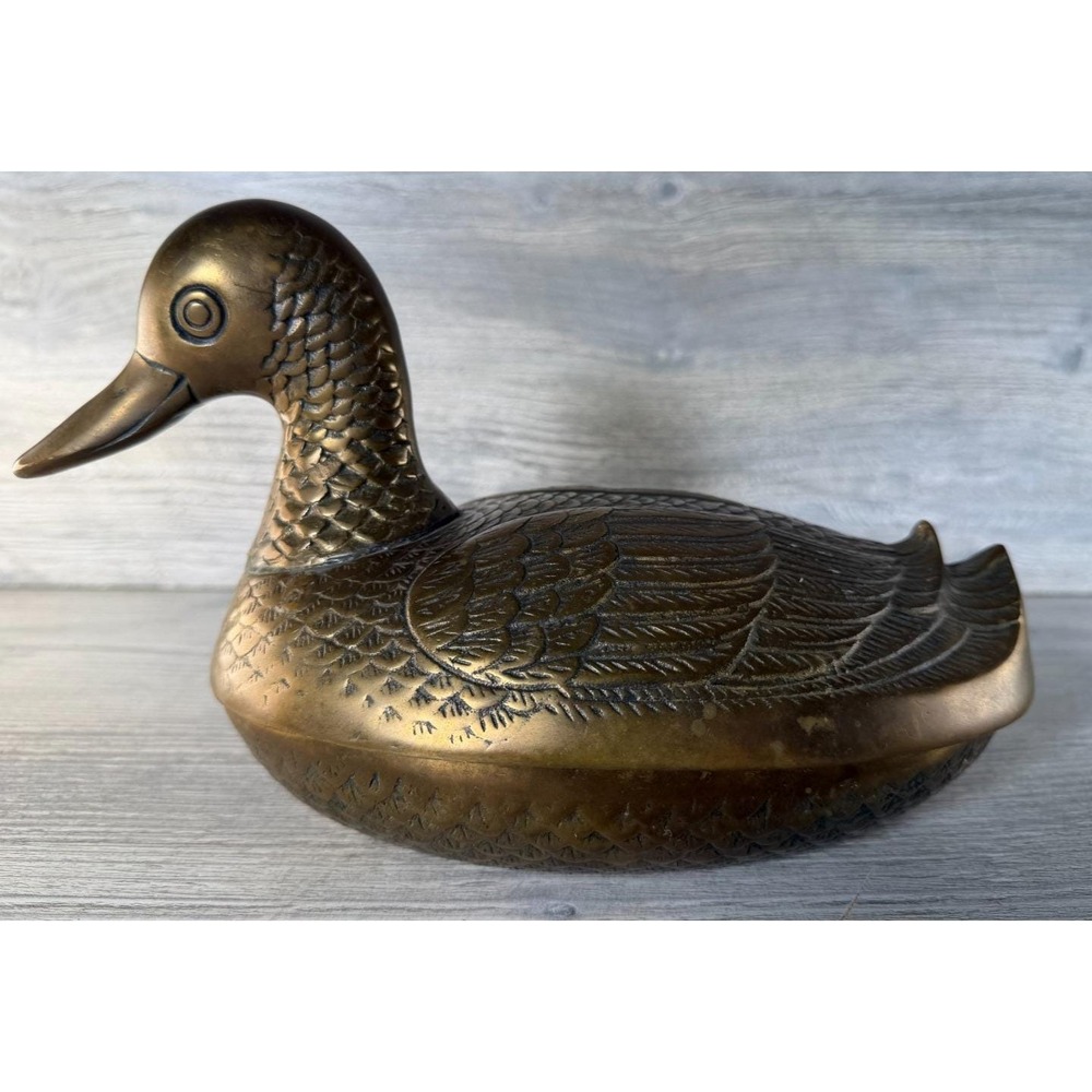 Large 10" Brass Duck Vintage Covered Lidded Dish Trinket Box Centerpiece Patina